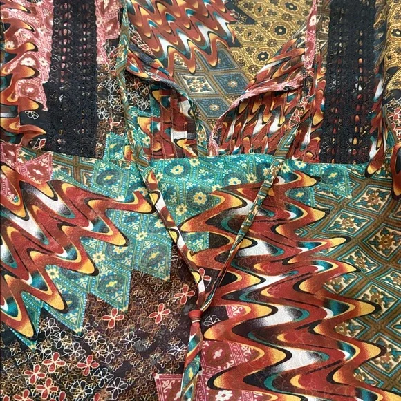 Antilia Femme Semi Sheer Peasant Boho Long Bell Sleeve Top Rust Teal M - Picture 8 of 8